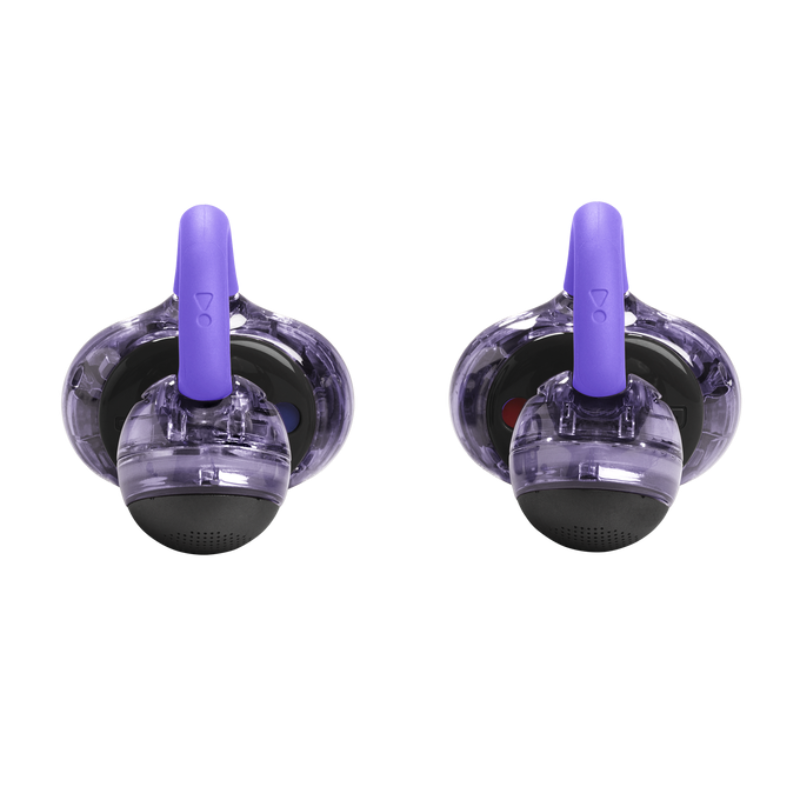 Two purple and clear JBL Soundgear Clips earbuds on a white background