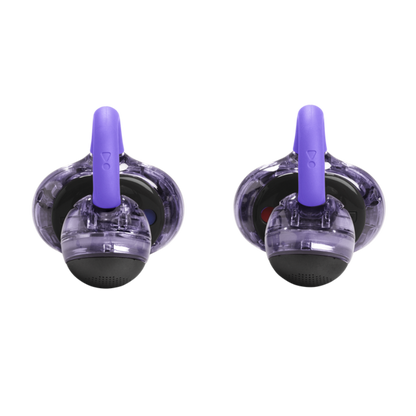 Two purple and clear JBL Soundgear Clips earbuds on a white background