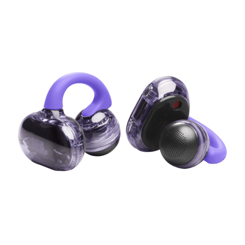Purple wireless earbuds on a white background