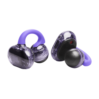 Purple wireless earbuds on a white background