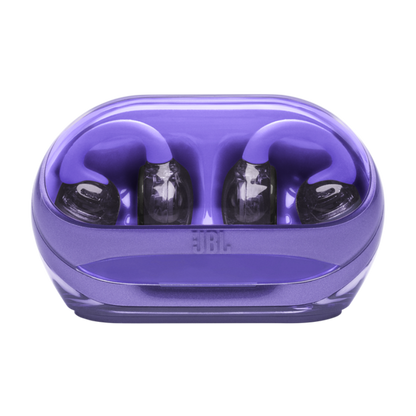 Purple JBL wireless earbuds in charging case on a white background