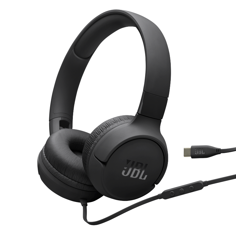 Black JBL headphones with USB cable on a white background