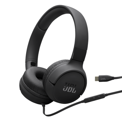 Black JBL headphones with USB cable on a white background