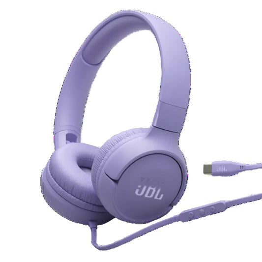 Purple JBL headphones with a USB cable on a white background