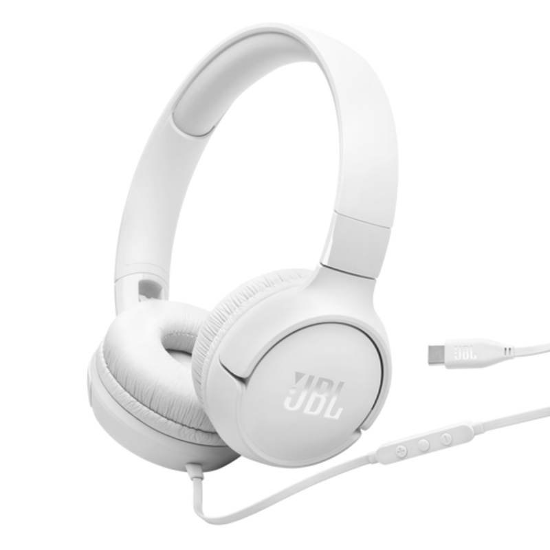 White JBL headphones with a cable on a white background