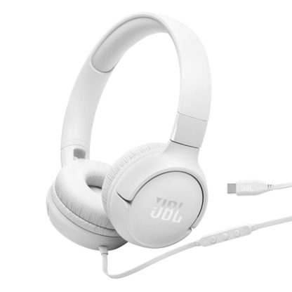 White JBL headphones with a cable on a white background