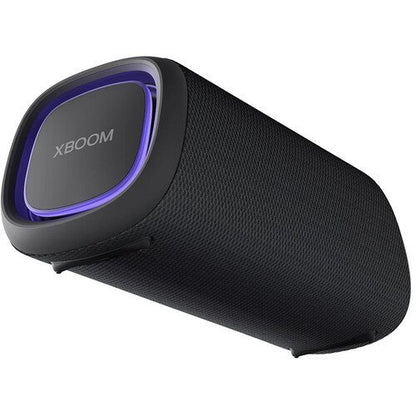 Black portable speaker with XBOOM branding on a white background