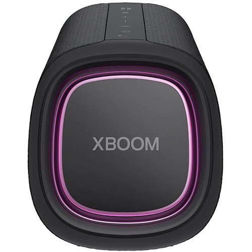Black and purple XBOOM speaker on a white background