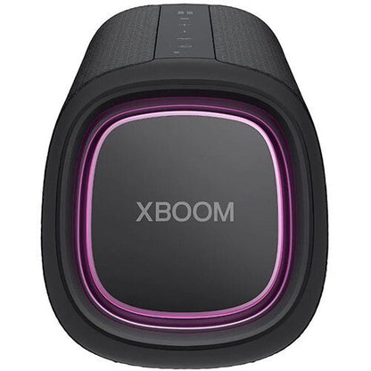 Black and purple XBOOM speaker on a white background