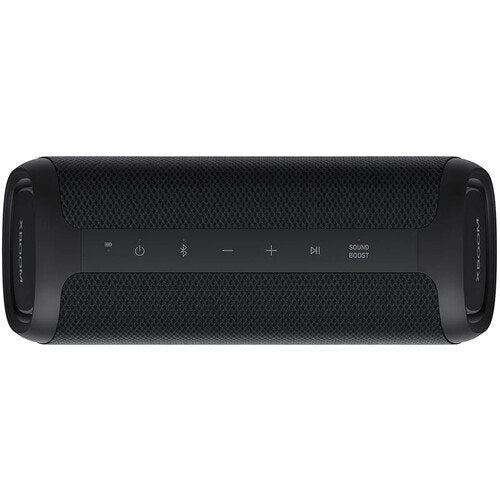 Black portable speaker with control buttons on a white background