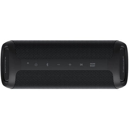 Black portable speaker with control buttons on a white background