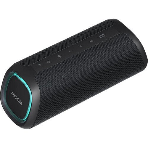 Black portable speaker with XBOOM branding on a white background