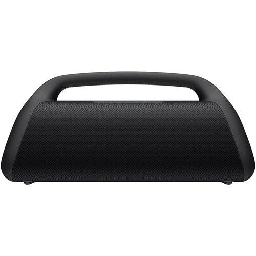 Black portable speaker with handle on a white background