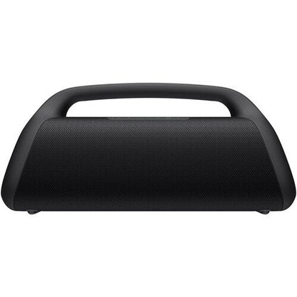 Black portable speaker with handle on a white background