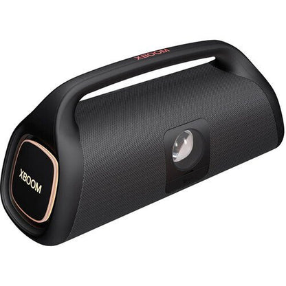 Black portable speaker with 'XBOOM' branding on a white background