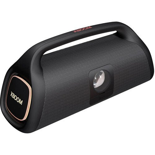 Black portable speaker with 'XBOOM' branding on a white background