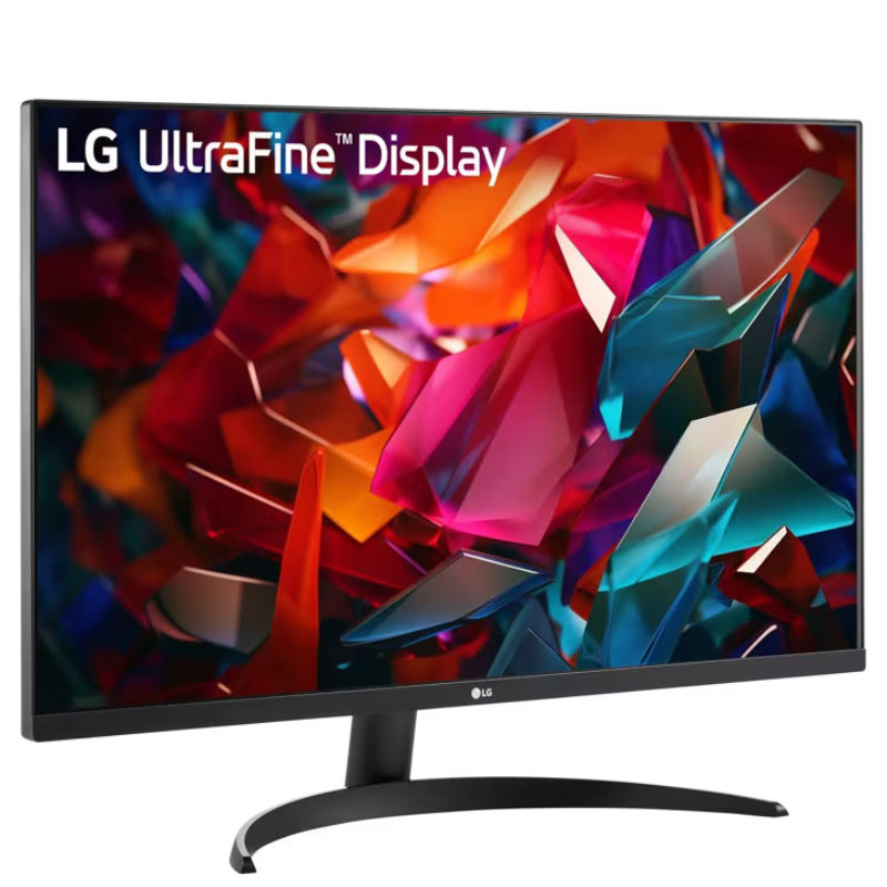LG UltraFine display monitor with colorful abstract design on screen