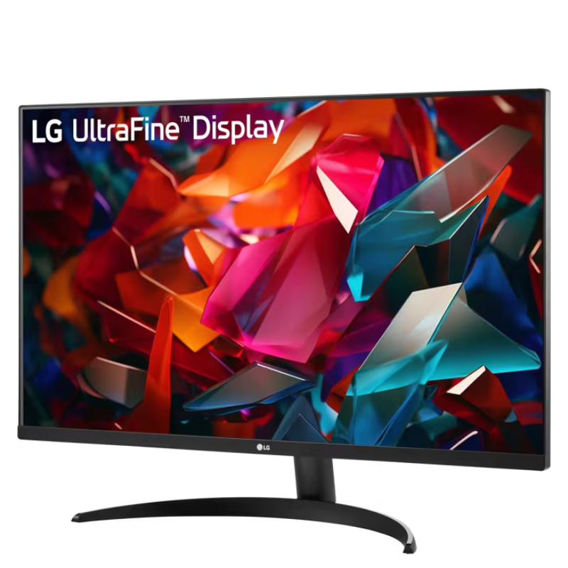 LG UltraFine Display monitor with colorful abstract design on screen
