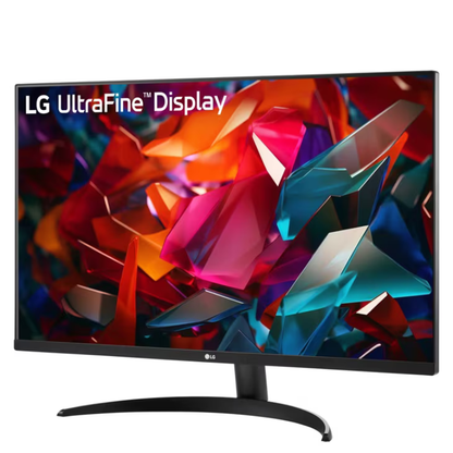 LG UltraFine Display monitor with colorful abstract design on screen
