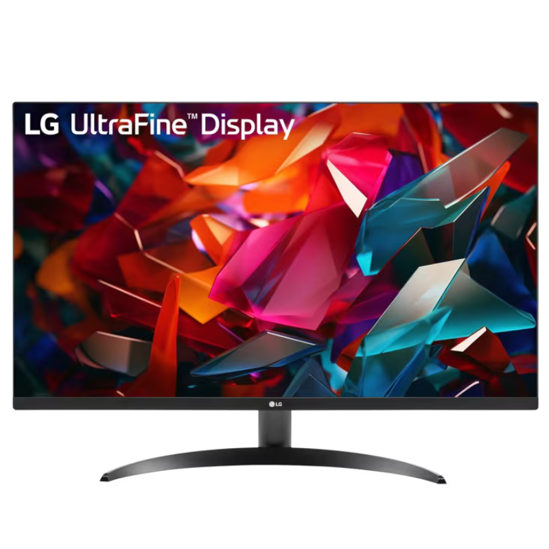 LG UltraFine Display monitor with colorful abstract design on screen