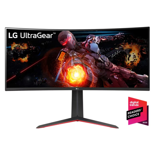 LG UltraGear monitor with a gaming scene on the screen and Digital Trends Readers' Choice award on a white background