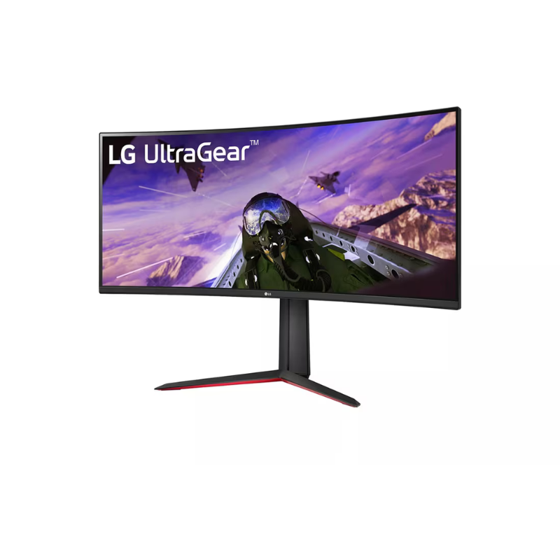LG UltraGear monitor with a gaming scene on the screen against a white background
