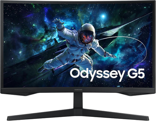 Samsung Odyssey G5 monitor with an astronaut and space-themed wallpaper