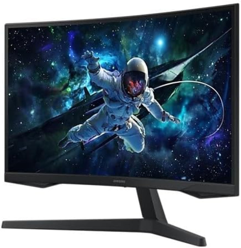 Samsung monitor displaying an astronaut in space on a colorful background