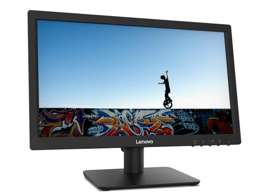Lenovo D19-10 18.5 HD Monitor - 61E0KCT6EU displaying a silhouette of a person on a unicycle against a blue sky.