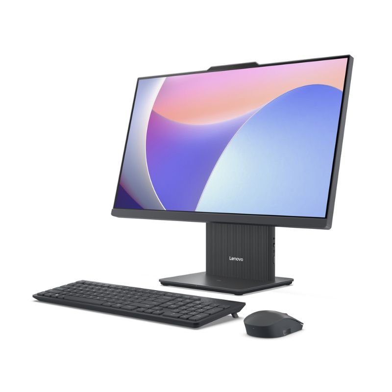 Lenovo all-in-one computer with monitor, keyboard, and mouse on a white background