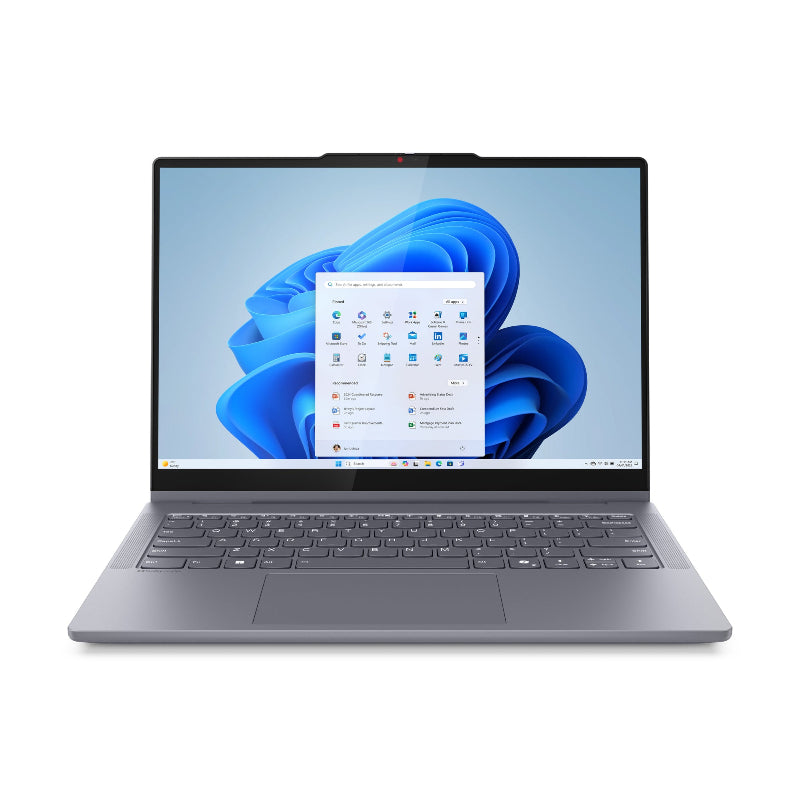 Laptop with a blue abstract design on the screen on a white background