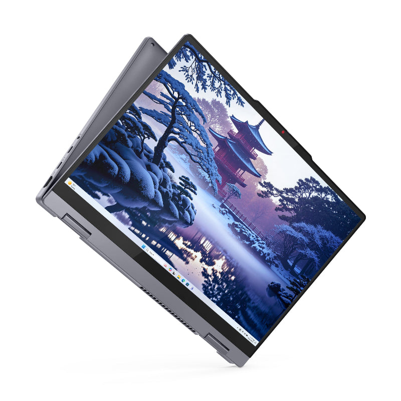 Laptop displaying a scenic wallpaper on a white background