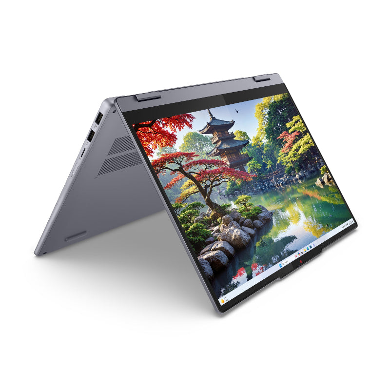 Laptop displaying a scenic image on its screen with 'intel' branding.
