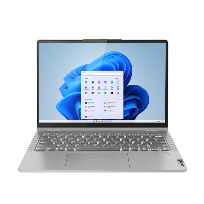 Laptop with a blue flower design on the screen on a white background