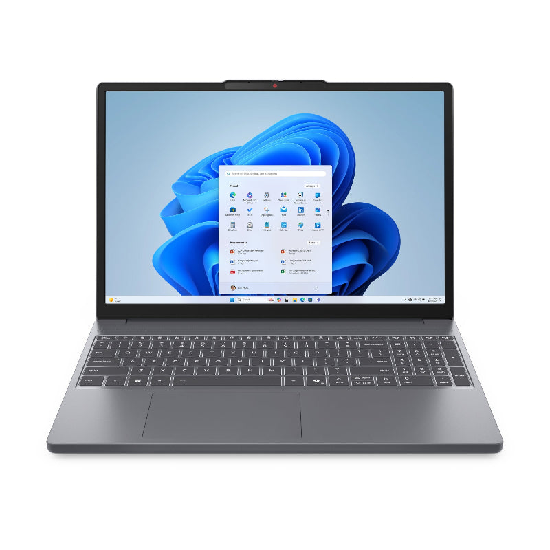 Laptop with a blue flower design on the screen on a white background