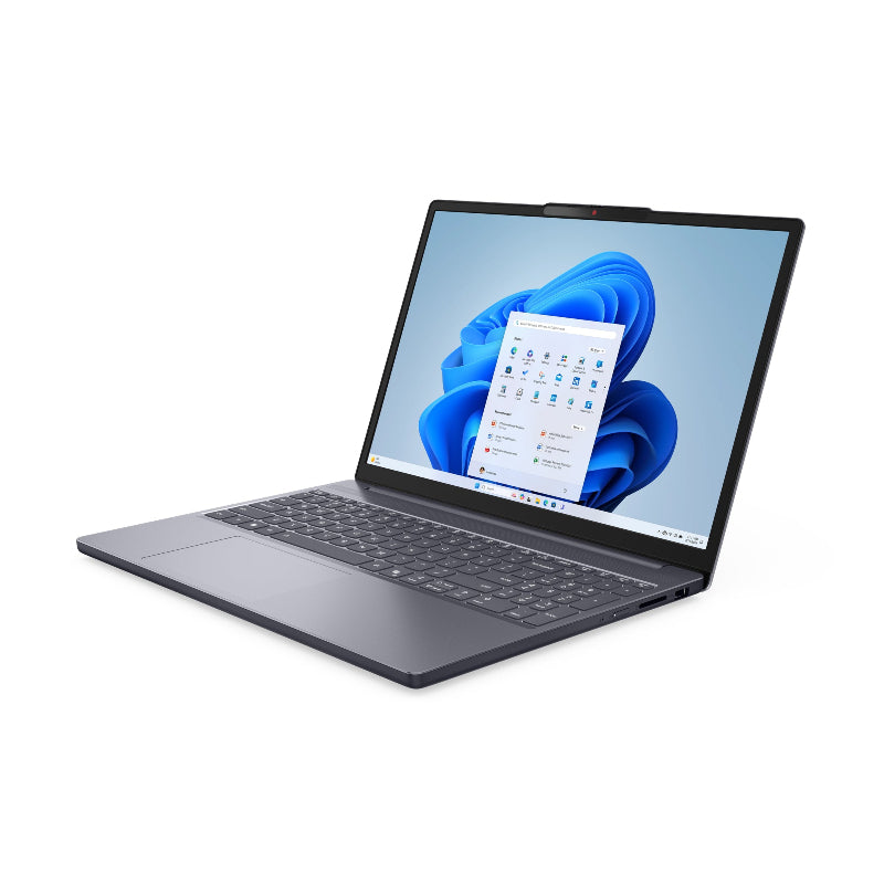 Laptop with a blue flower on the screen on a white background