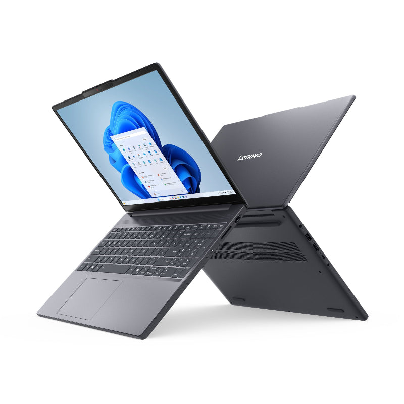 Open laptop displaying a blue screen with Lenovo branding on a white background