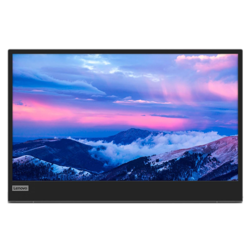 Lenovo L15 15.6" FHD USB-C Monitor-66E4UAC1WL displaying a mountain landscape with a pink and blue sky.