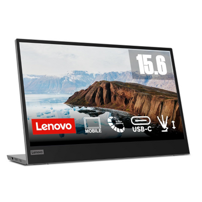 Lenovo L15 15.6" FHD USB-C Monitor-66E4UAC1WL with screen displaying a mountainous landscape and product features.