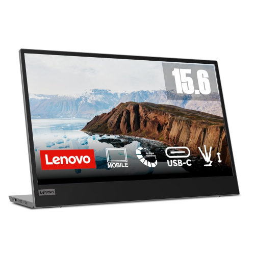Lenovo L15 15.6" FHD USB-C Monitor-66E4UAC1WL with screen displaying a mountainous landscape and product features.