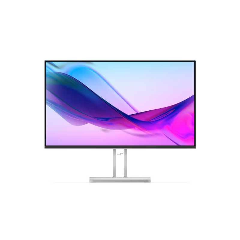 Computer monitor with a colorful display on a white background