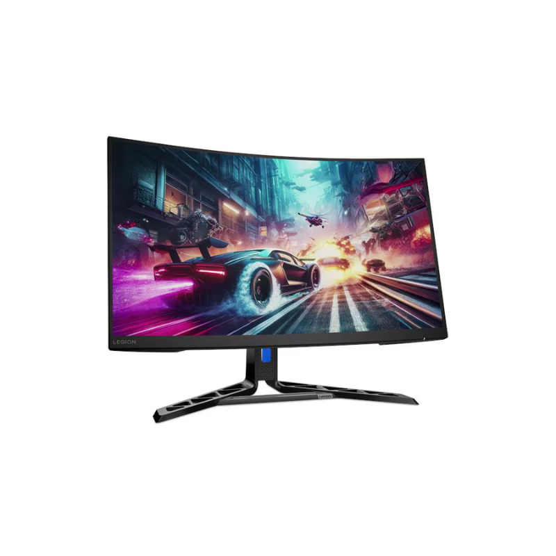 Curved gaming monitor with a dynamic cityscape and car scene on the screen.
