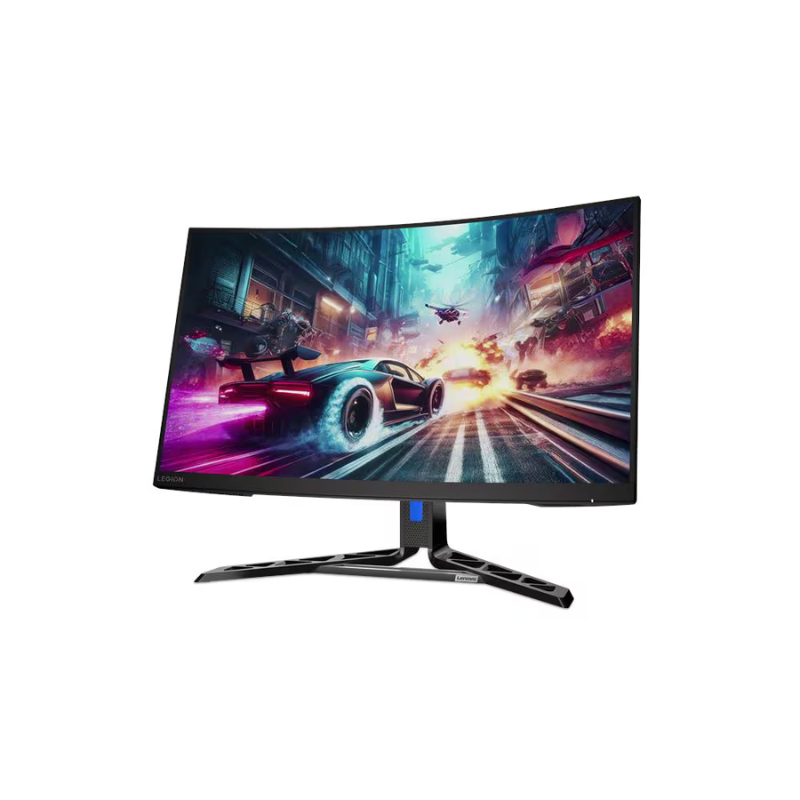 Curved gaming monitor displaying a dynamic cityscape with cars and a helicopter on a white background