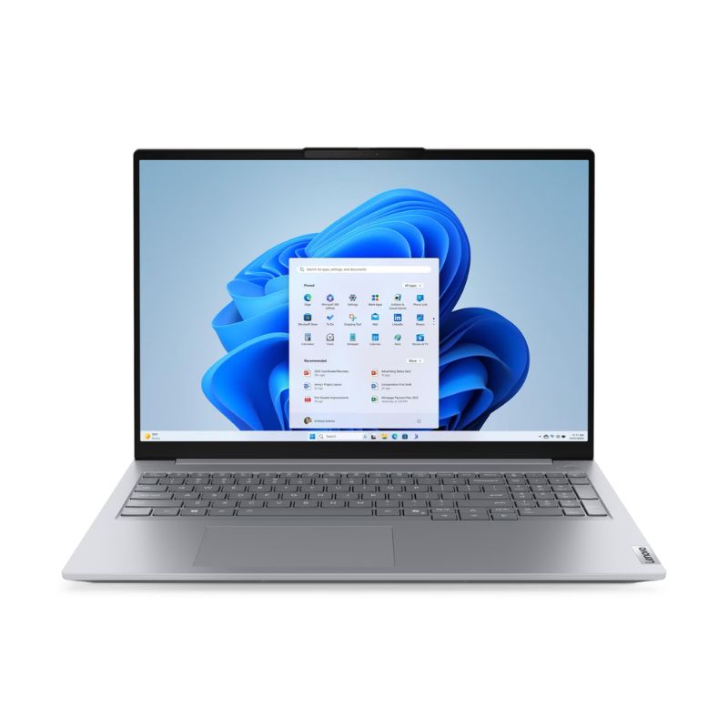 Laptop with a blue abstract design on the screen on a white background