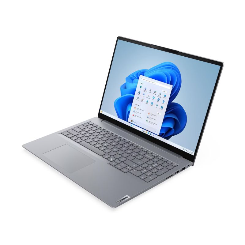 Lenovo laptop with a blue flower on the screen on a white background