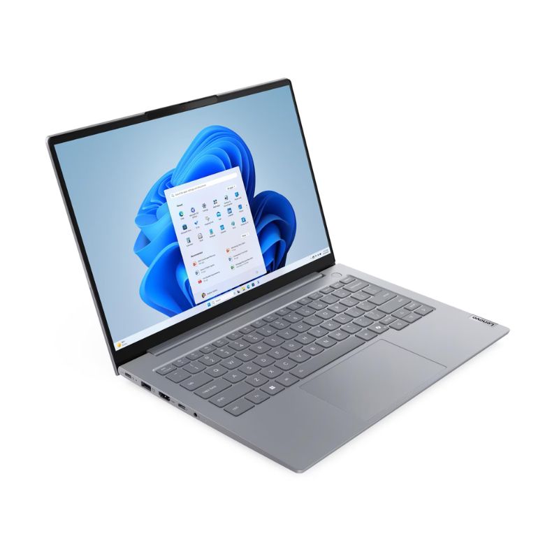 Laptop with a blue abstract design on the screen on a white background