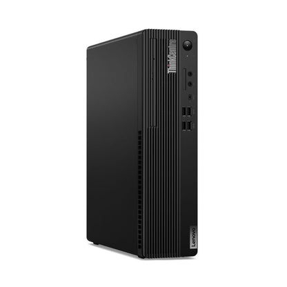 Black Lenovo desktop computer tower on a white background