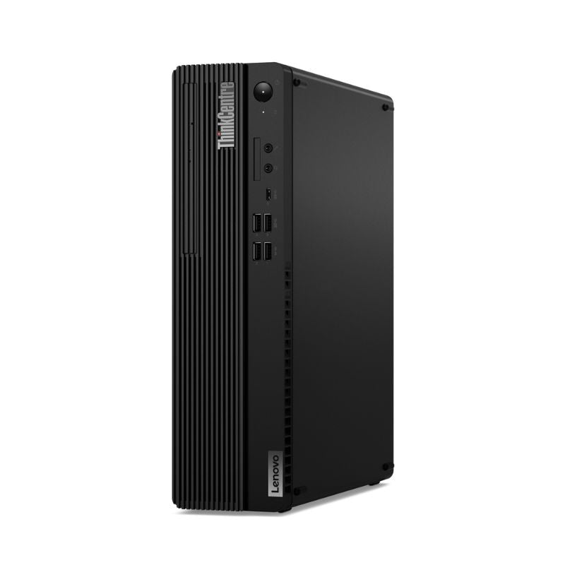 Black Lenovo ThinkCentre computer tower on a white background