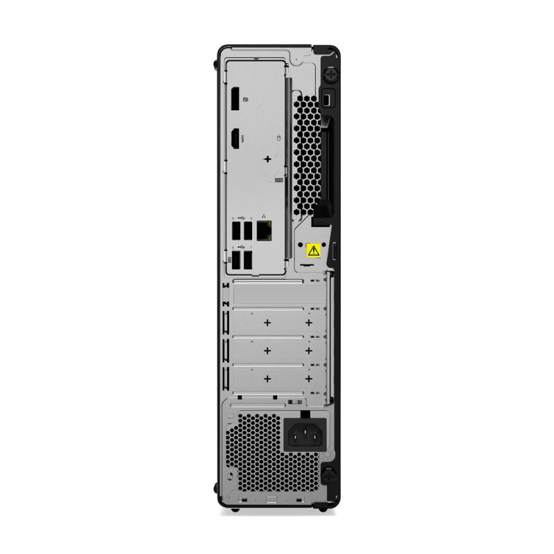 Back view of a computer tower on a white background