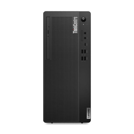 Black Lenovo ThinkCentre desktop computer tower on a white background